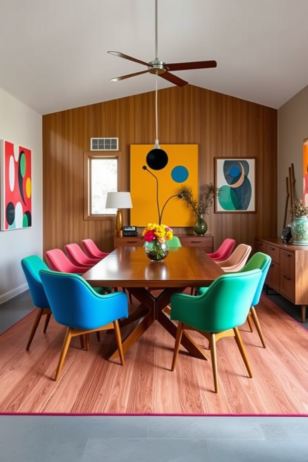 A Mid Century Modern dining room featuring a large wooden table surrounded by colorful upholstered chairs. The walls are adorned with bold art pieces that serve as focal points, adding vibrancy and character to the space. Natural light floods in through large windows, illuminating the sleek lines and organic shapes typical of Mid Century design. A stylish sideboard complements the decor, showcasing decorative items and enhancing the room's aesthetic appeal.