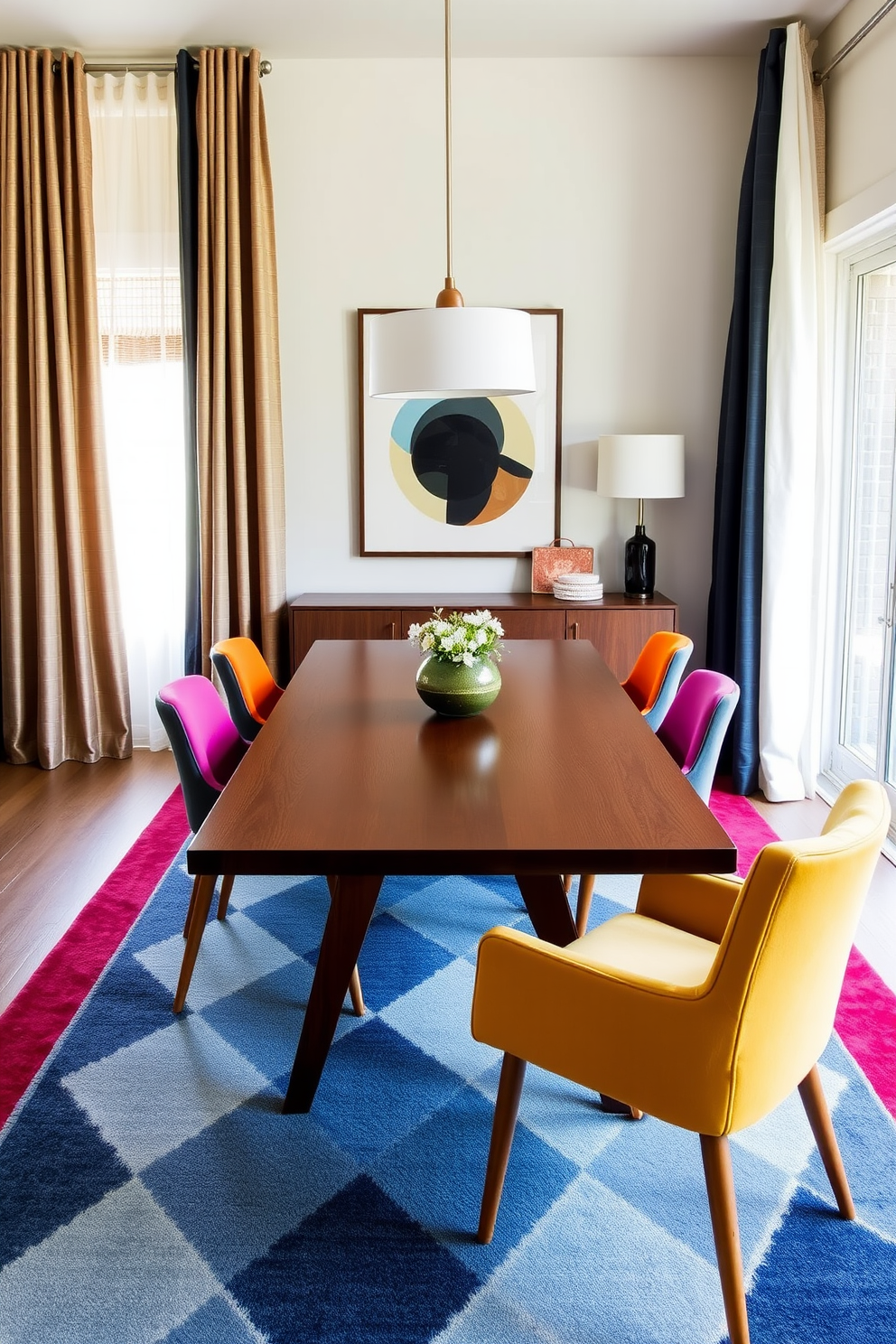 A Mid Century Modern dining room features a sleek wooden dining table surrounded by upholstered chairs in vibrant colors. The space is adorned with a geometric area rug that adds warmth and texture, complemented by a mix of smooth and textured fabrics in the curtains and cushions.