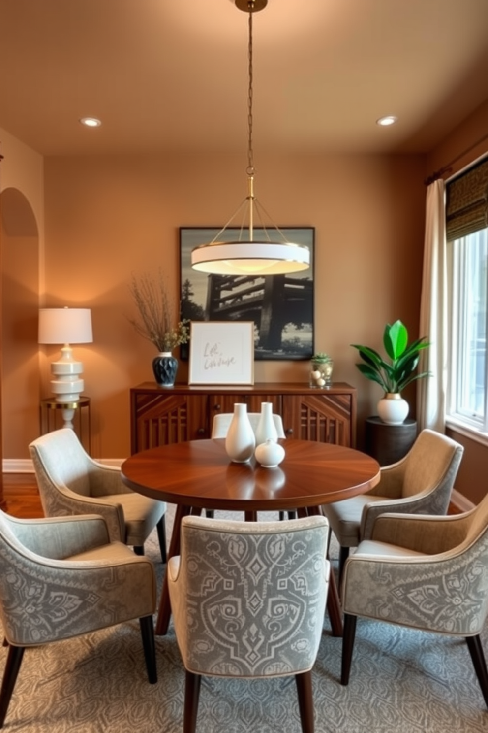 A cozy Mid Century Modern dining room features a round wooden table at the center, surrounded by stylish upholstered chairs that invite conversation. The walls are adorned with warm earth tones, and a statement pendant light hangs gracefully above the table, creating an intimate atmosphere.