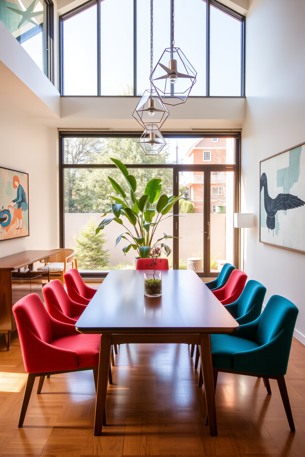 A Mid Century Modern dining room featuring a sleek wooden dining table surrounded by colorful upholstered chairs. Large glass windows allow natural light to flood the space, enhancing the airy feel and showcasing a vibrant indoor plant in the corner. The room is adorned with geometric light fixtures that add a touch of elegance. A sideboard with a glossy finish complements the overall aesthetic, while a large abstract artwork hangs on the wall, creating a focal point in the design.