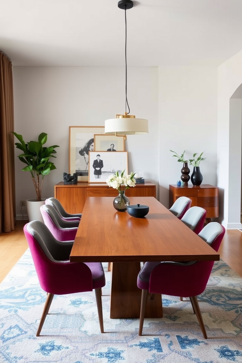 A Mid Century Modern dining room features sculptural chairs that serve as statement pieces. The space is anchored by a sleek wooden dining table, complemented by a stylish pendant light overhead.