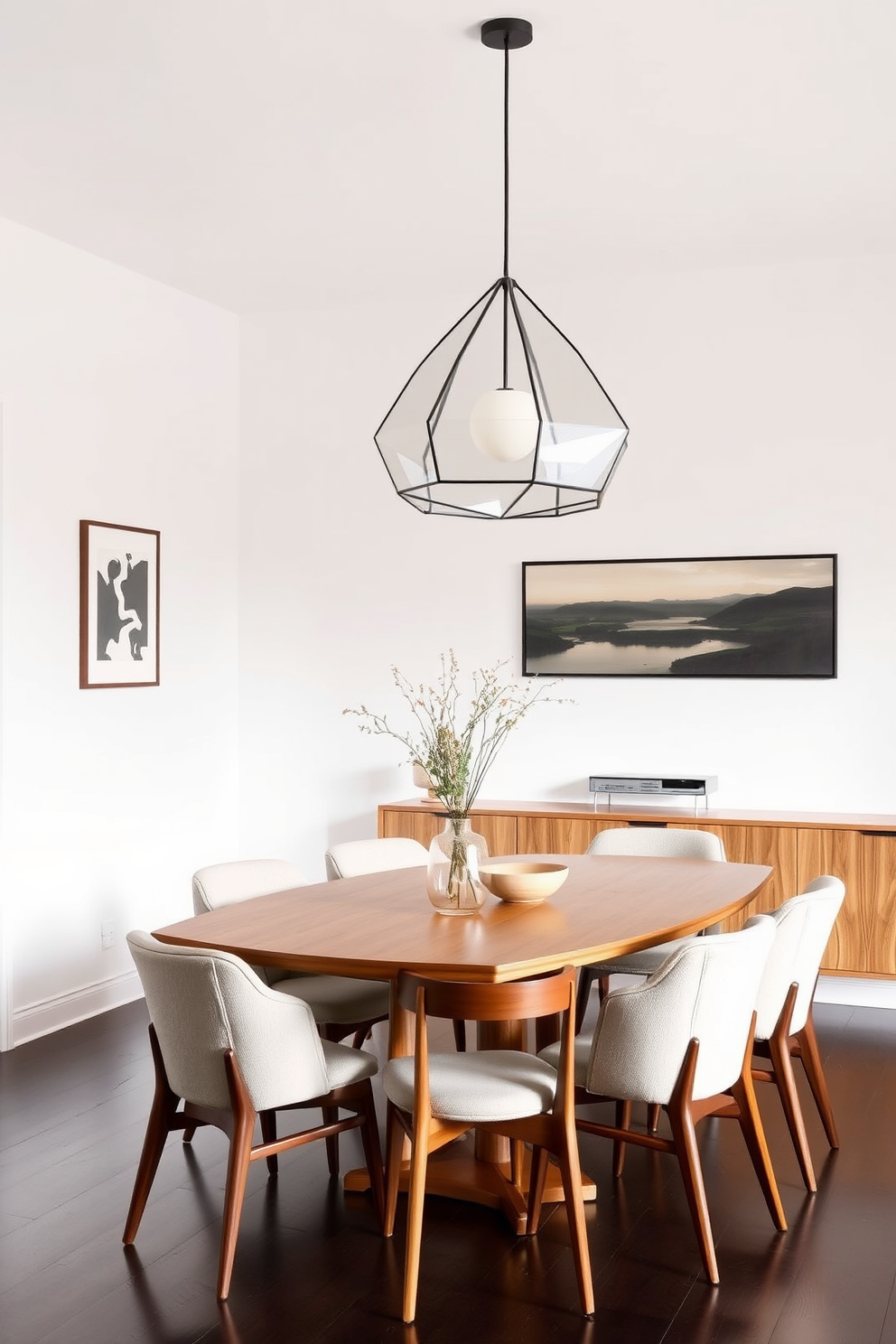 A minimalist Mid Century Modern dining room features a sleek wooden dining table surrounded by upholstered chairs in neutral tones. The walls are painted a soft white, and a large geometric pendant light hangs above the table, adding a touch of elegance.