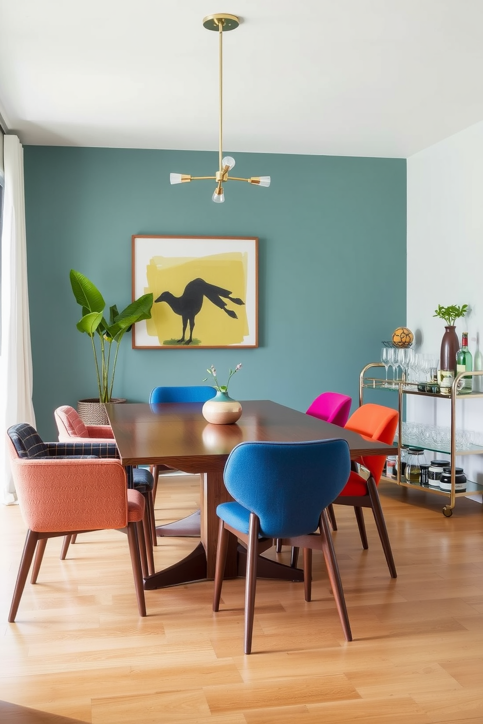 A Mid Century Modern dining room featuring a sleek wooden dining table surrounded by colorful upholstered chairs. A stylish bar cart is positioned nearby, showcasing an array of glassware and cocktail essentials for added functionality.