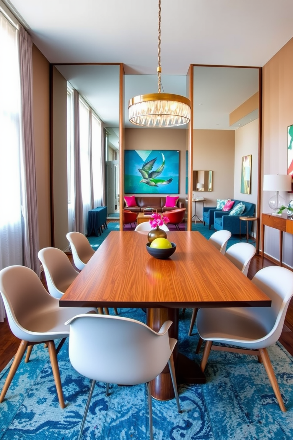 A stylish Mid Century Modern dining room features a sleek wooden table surrounded by iconic molded chairs. Large floor-to-ceiling mirrors adorn the walls, reflecting natural light and creating an illusion of a more spacious environment. The color palette consists of warm earth tones complemented by vibrant accent pieces. A statement light fixture hangs above the table, adding a touch of elegance to the overall design.