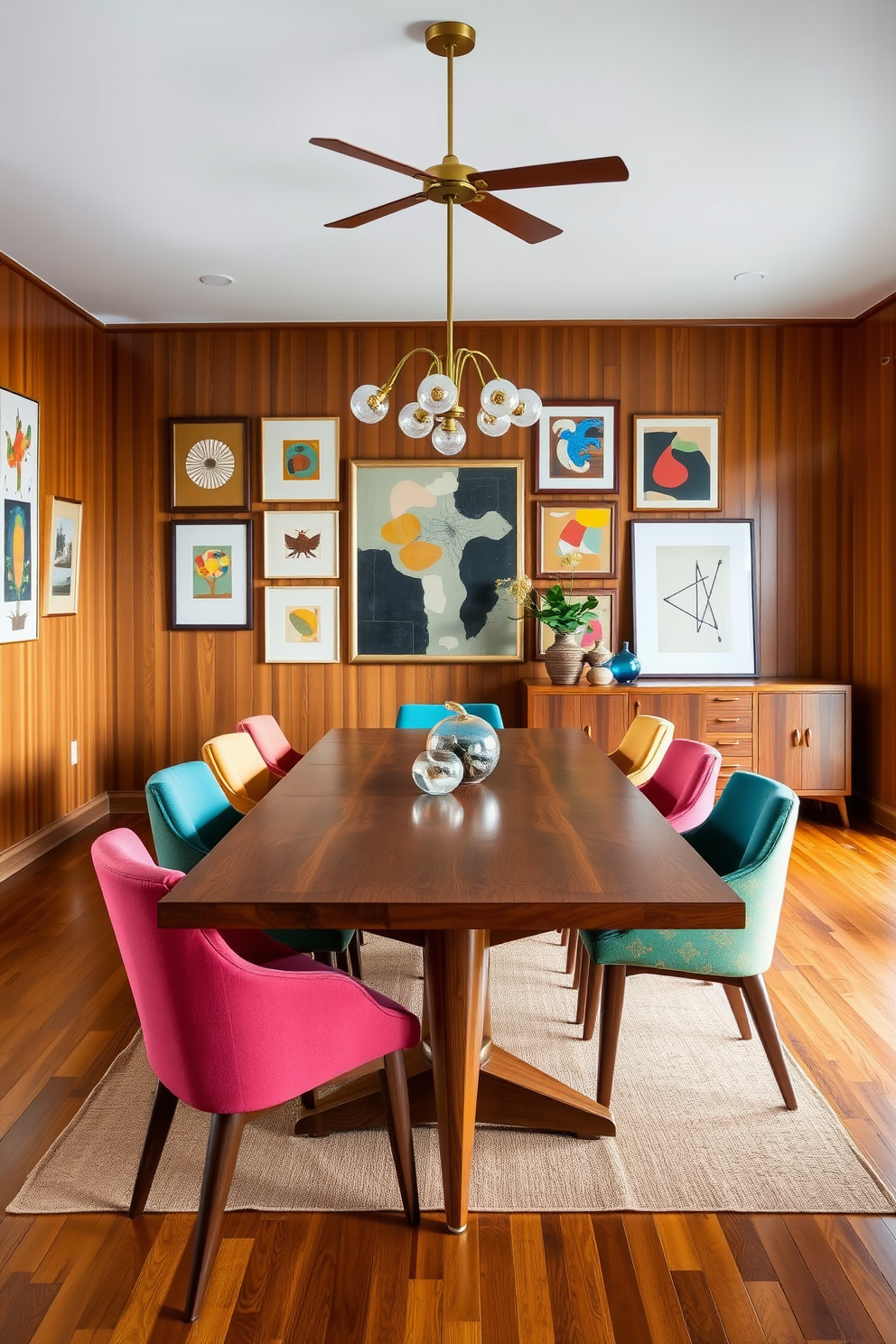 A Mid Century Modern dining room featuring a large wooden dining table with tapered legs surrounded by colorful upholstered chairs. On the walls, a gallery of abstract art pieces complements the warm wood tones, while a sleek sideboard in a rich walnut finish adds storage and style.