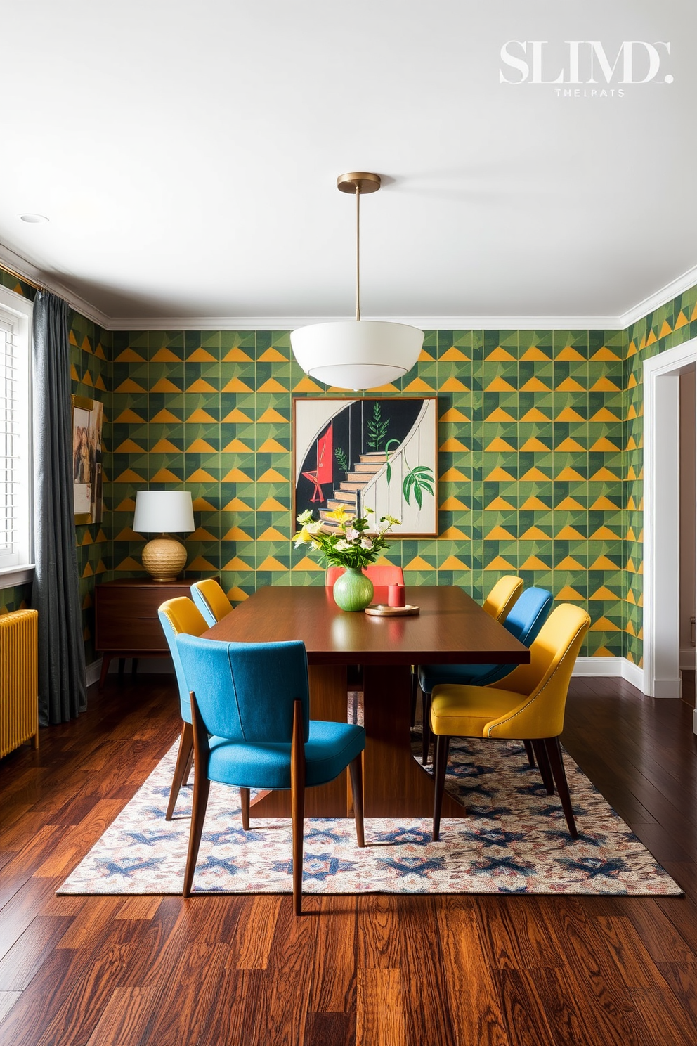 A Mid Century Modern dining room featuring geometric patterned wallpaper that adds a vibrant touch to the space. The room includes a sleek wooden dining table surrounded by colorful upholstered chairs, creating a lively and inviting atmosphere.