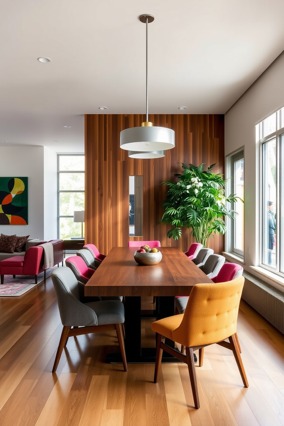 A Mid Century Modern dining room featuring a long wooden table surrounded by colorful upholstered chairs. The walls are adorned with abstract art, and a stylish pendant light hangs above the table, creating an inviting atmosphere. Natural light streams in through large windows, highlighting the rich textures of the wooden dividers that separate the dining area from the living space. A lush indoor plant is placed in the corner, adding a touch of greenery to the sophisticated design.