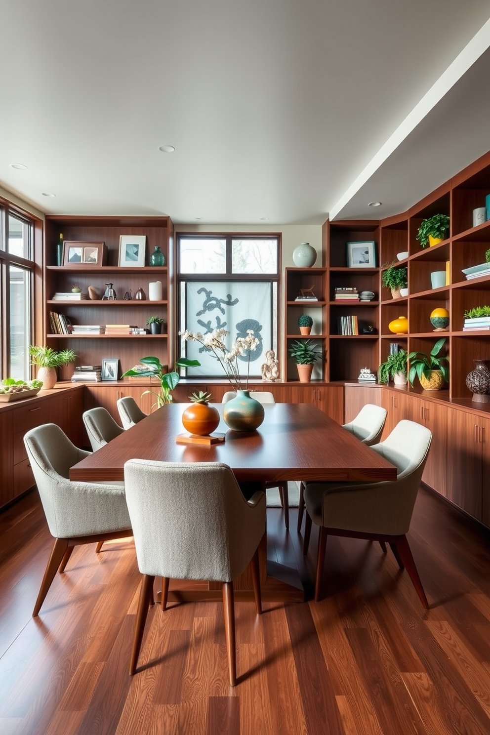 A Mid Century Modern dining room features a sleek wooden table surrounded by upholstered chairs with tapered legs. Built-in shelving lines the walls, showcasing an array of carefully curated decor items and plants, adding warmth and personality to the space. The color palette includes rich walnut tones complemented by pops of mustard yellow and teal. Large windows allow natural light to flood the room, highlighting the clean lines and minimalist aesthetic typical of Mid Century Modern design.