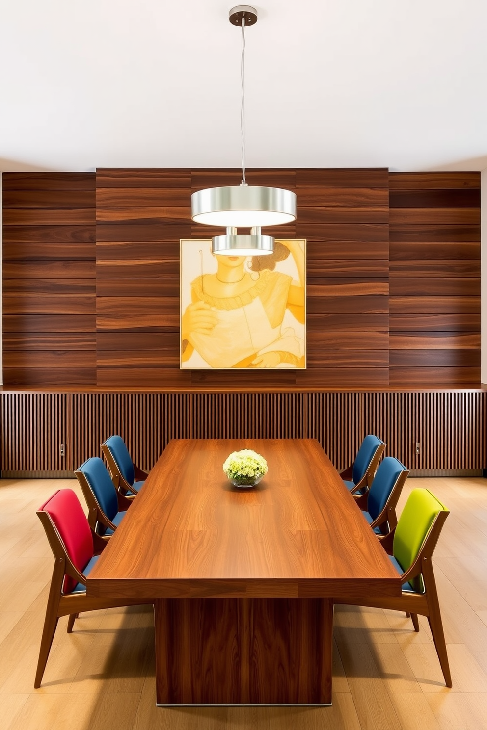 Design a striking feature wall with horizontal wood slats in a Mid Century Modern dining room. The wall should be complemented by a long wooden dining table surrounded by chairs with sleek lines and vibrant upholstery.