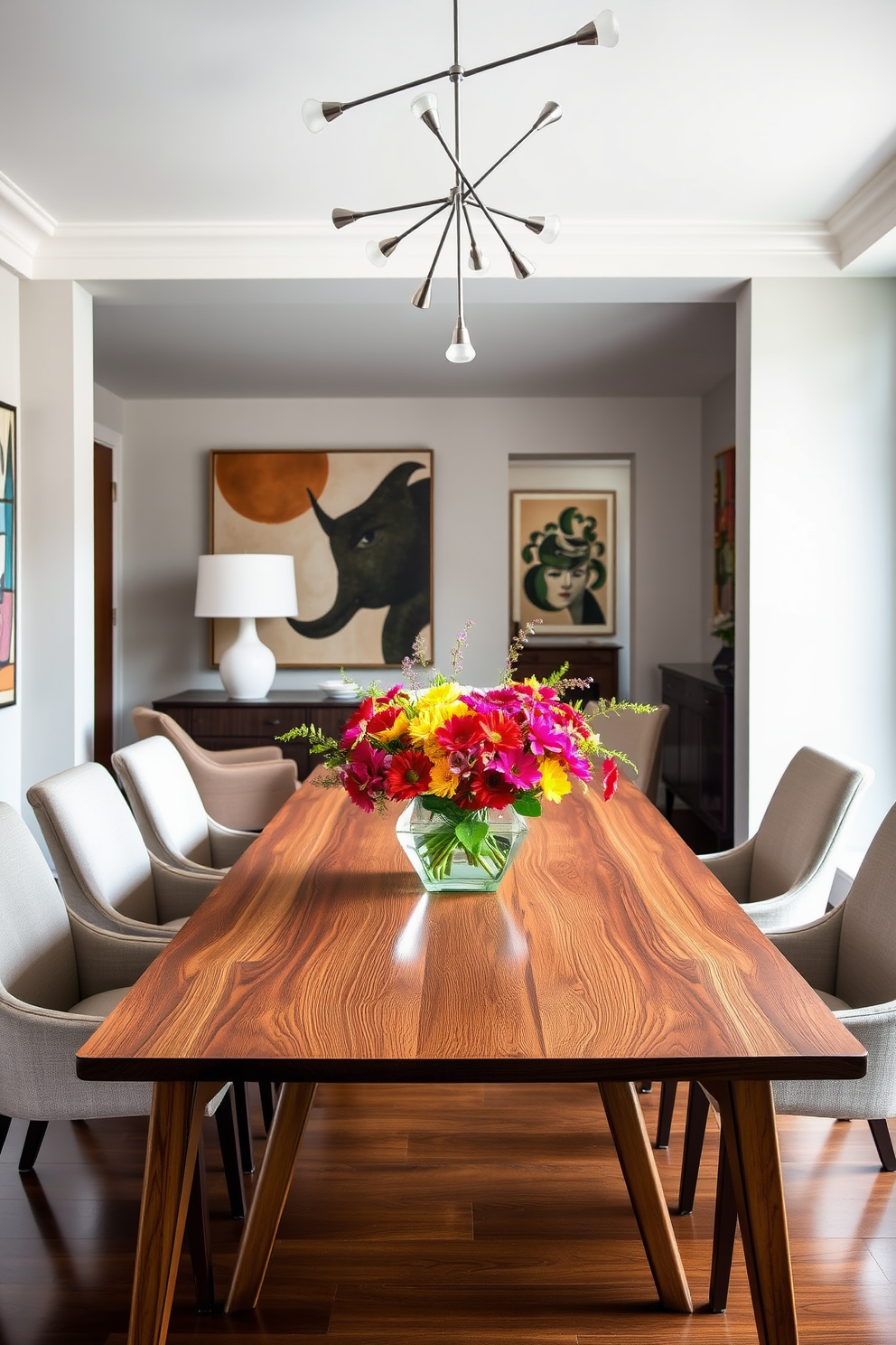 A stunning Mid Century Modern dining room features a sleek wooden table with tapered legs and a rich walnut finish. The centerpiece is a striking geometric vase filled with vibrant seasonal flowers, adding a pop of color against the neutral tones of the room. Surrounding the table are elegant upholstered chairs in a soft fabric, showcasing clean lines and bold colors. The walls are adorned with abstract art, and a sculptural light fixture hangs overhead, enhancing the room's contemporary aesthetic.