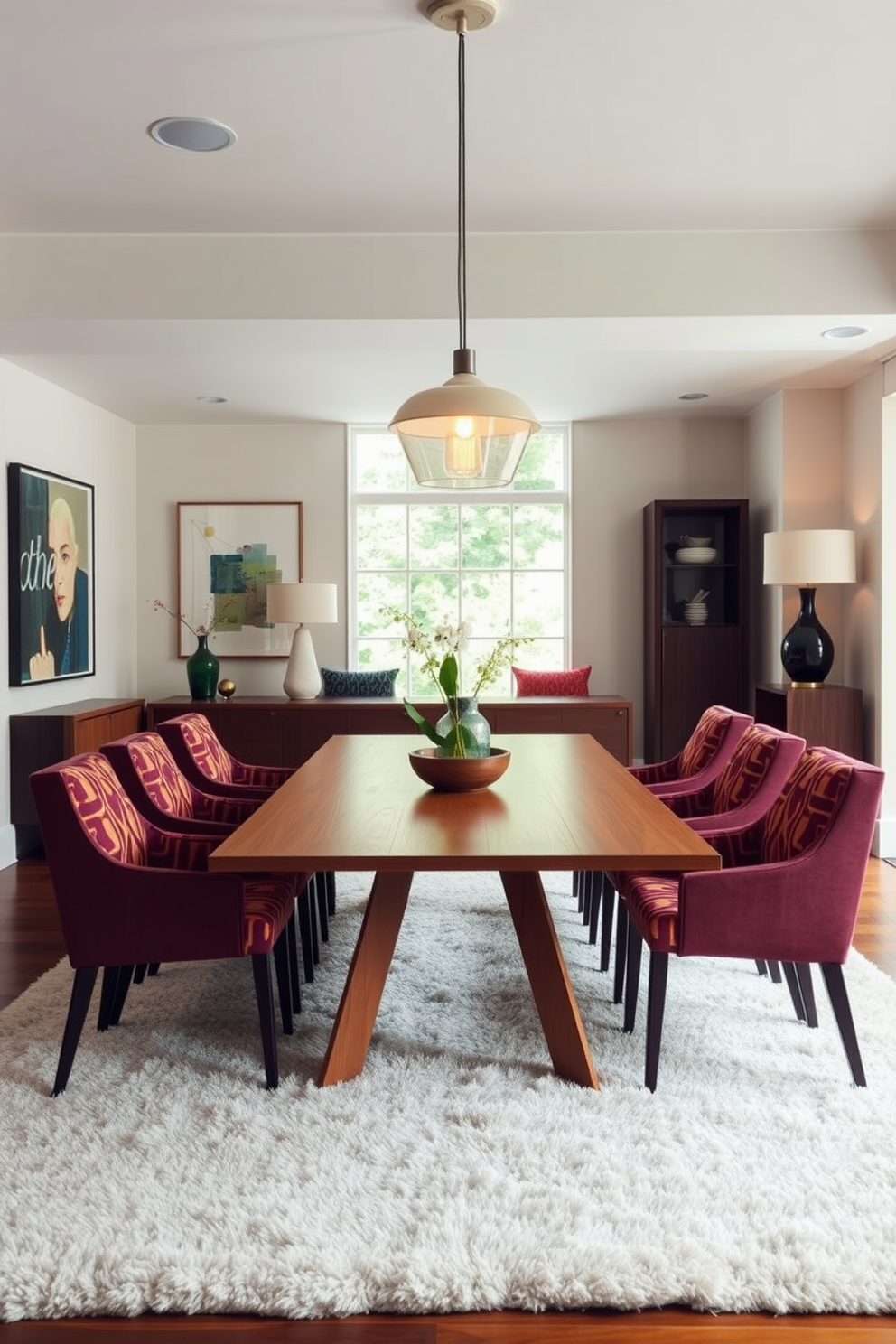 A stylish Mid Century Modern dining room features a sleek wooden dining table surrounded by colorful upholstered chairs that showcase geometric patterns. Above the table, elegant pendant lights hang, casting a warm glow and adding a dramatic focal point to the space. The walls are adorned with abstract art that complements the rich tones of the furniture, while a large window allows natural light to fill the room. A plush area rug anchors the space, creating a cozy atmosphere that invites gatherings and conversations.