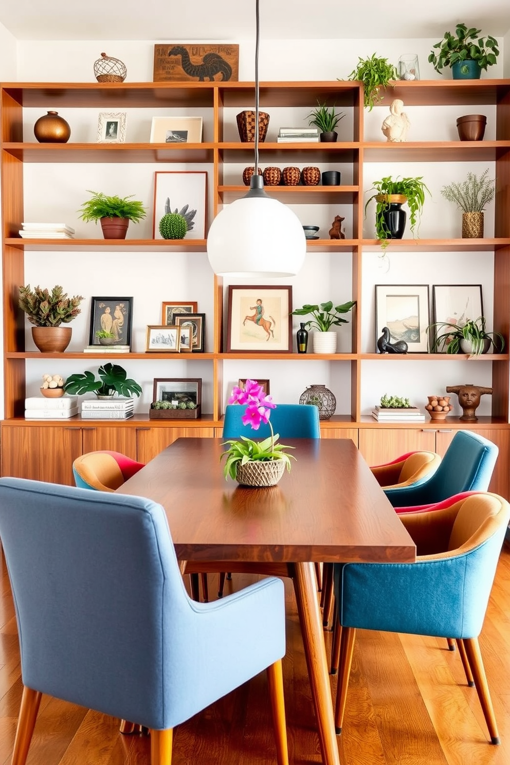 A Mid Century Modern dining room featuring a sleek wooden dining table surrounded by colorful upholstered chairs. The walls are adorned with open shelving displaying curated decor items and plants for easy access and a touch of personality.