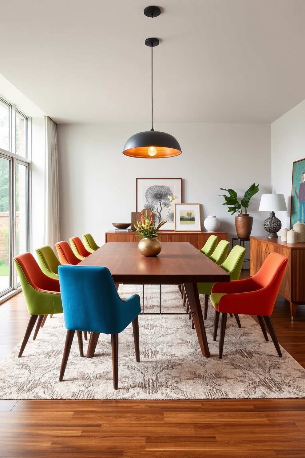 A Mid Century Modern dining room featuring a long wooden table with tapered legs, surrounded by a set of sleek upholstered chairs in vibrant colors. Above the table, a statement pendant light hangs, casting a warm glow over the space, while a sideboard with geometric patterns adds functional storage and style. On one side of the room, a large window allows natural light to flood in, highlighting the rich textures of the decor. Decorative elements such as a symmetrical arrangement of plants and art pieces create a balanced and inviting atmosphere.