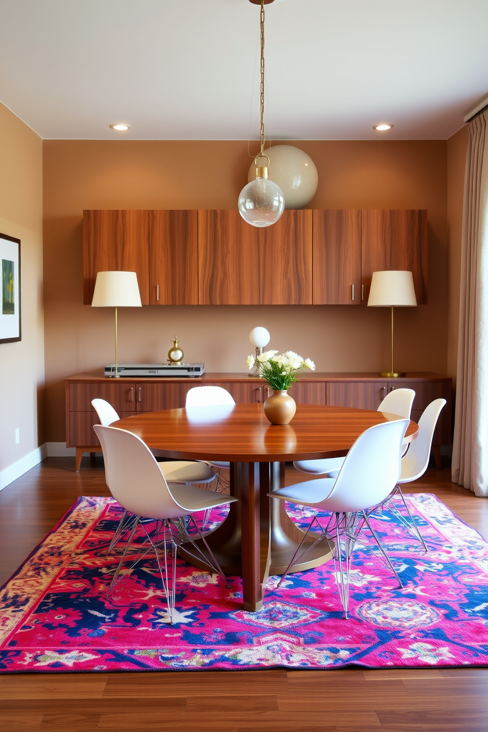 A stylish Mid Century Modern dining room features a sleek wooden sideboard for storage, showcasing clean lines and a rich walnut finish. The dining table, surrounded by iconic Eames chairs, is set against a backdrop of warm neutral walls and a vibrant area rug that adds a pop of color.