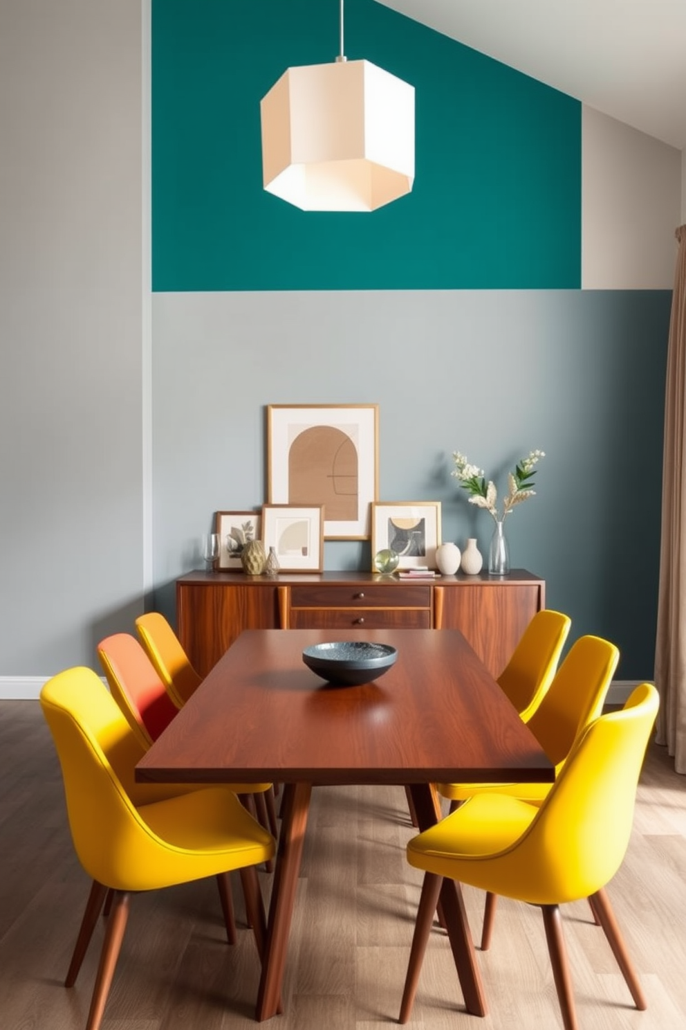 A Mid Century Modern dining room featuring a sleek wooden table surrounded by vibrant colored chairs. The walls are painted in a soft gray while an accent wall showcases a rich teal hue, creating a striking contrast. A large, geometric pendant light hangs above the table, illuminating the space with a warm glow. A sideboard with a walnut finish complements the decor, adorned with minimalist art and decorative objects.