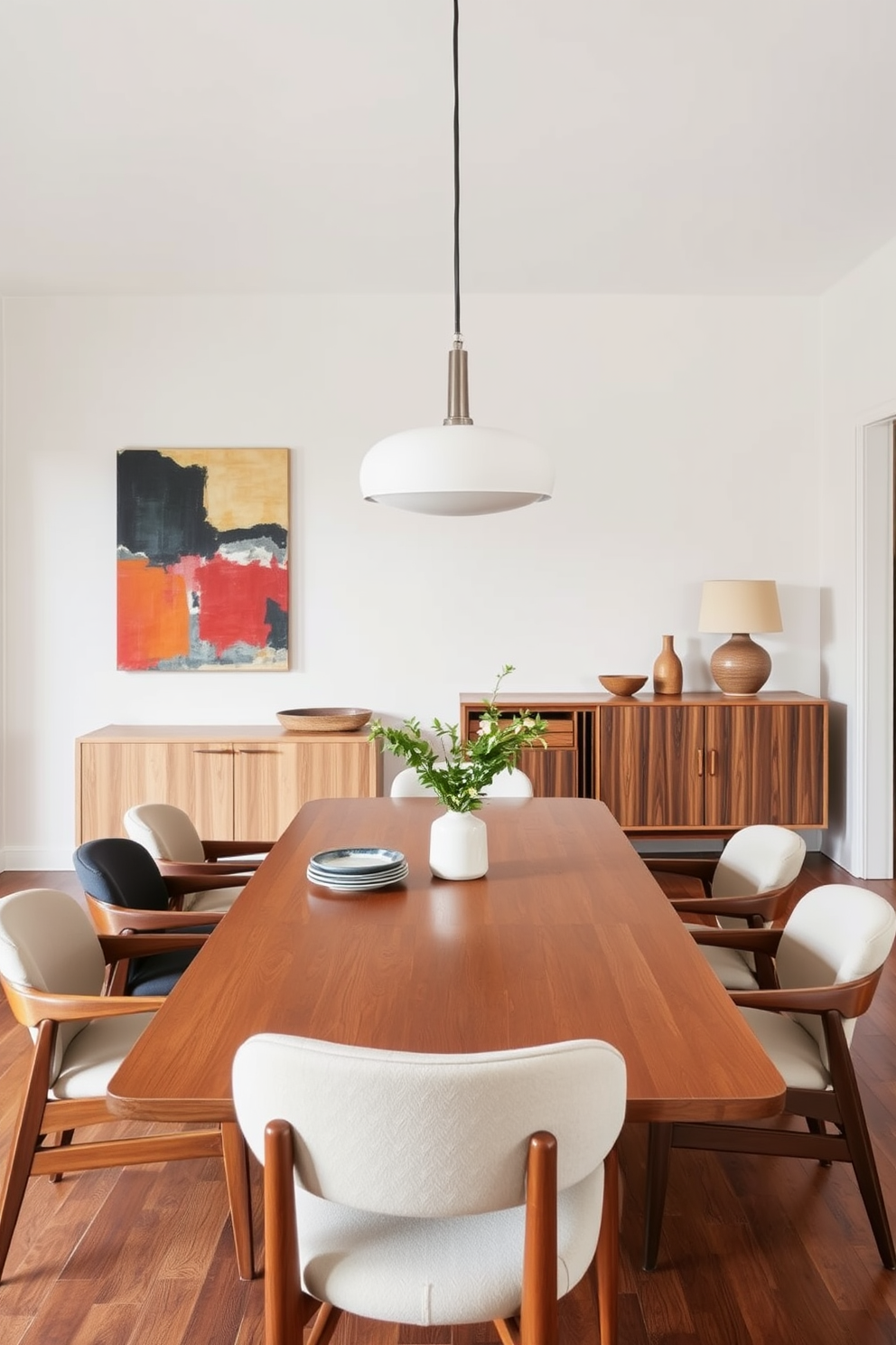 A Mid Century Modern dining room features a sleek wooden table surrounded by a mix of upholstered and wooden chairs in varying shades. The walls are painted in a soft neutral tone, complemented by a large abstract artwork that adds a pop of color. Incorporating different wood tones creates a warm and inviting atmosphere, with a light oak sideboard contrasting against darker walnut accents. A stylish pendant light hangs above the table, casting a warm glow over the space and highlighting the rich textures of the wood.