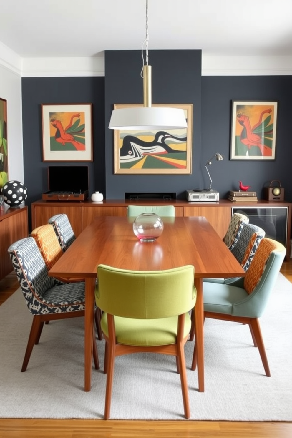 A stylish Mid Century Modern dining room features a sleek wooden dining table surrounded by colorful upholstered chairs. The walls are adorned with vintage artwork, and retro accessories like a geometric vase and a classic record player add charm to the space.