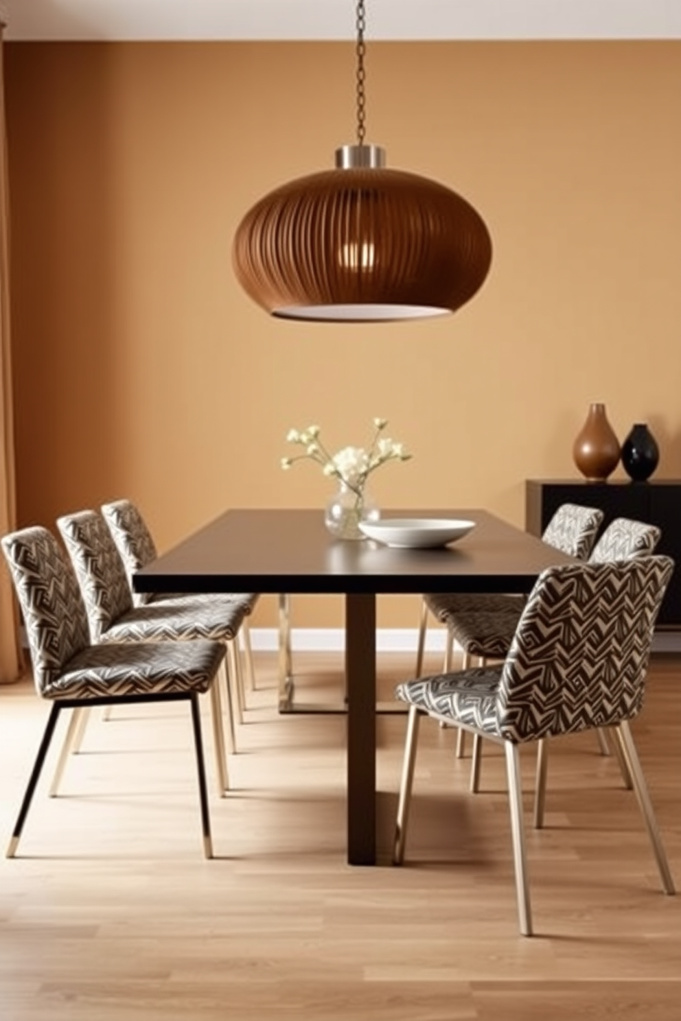 A sleek dining table with metal legs is the centerpiece of the room, surrounded by stylish upholstered chairs that feature geometric patterns. The walls are painted in a warm neutral tone, and a statement pendant light hangs above the table, casting a soft glow over the space.