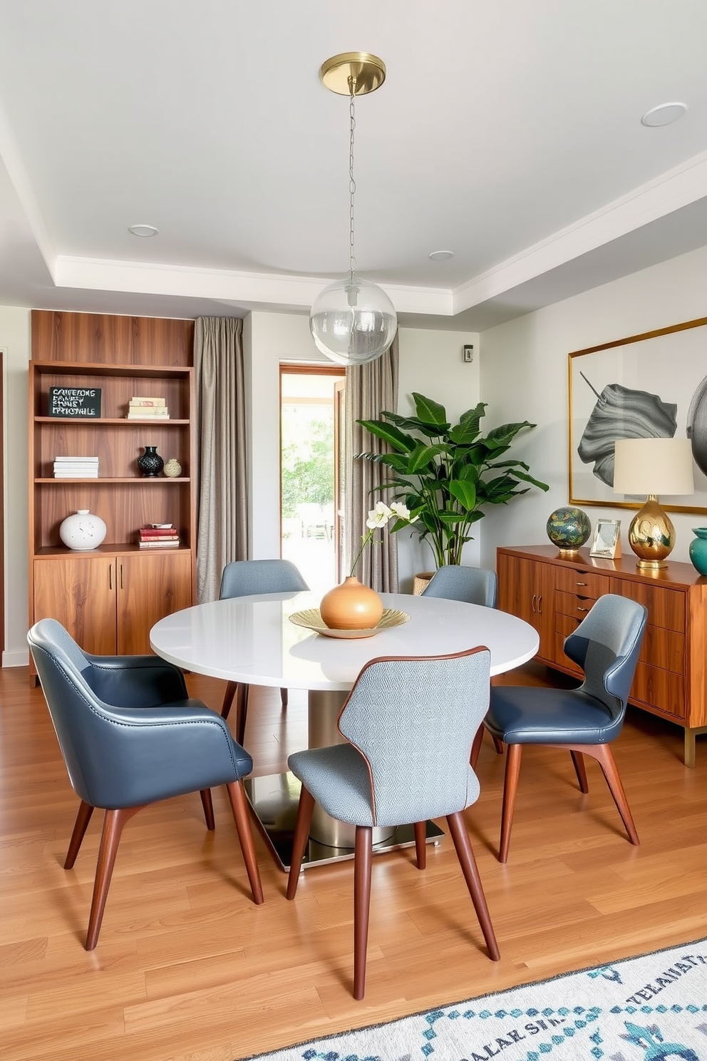 A stylish dining room featuring vintage chairs paired with a sleek modern table. The space showcases a harmonious blend of Mid Century Modern elements with warm wood tones and contemporary accents.