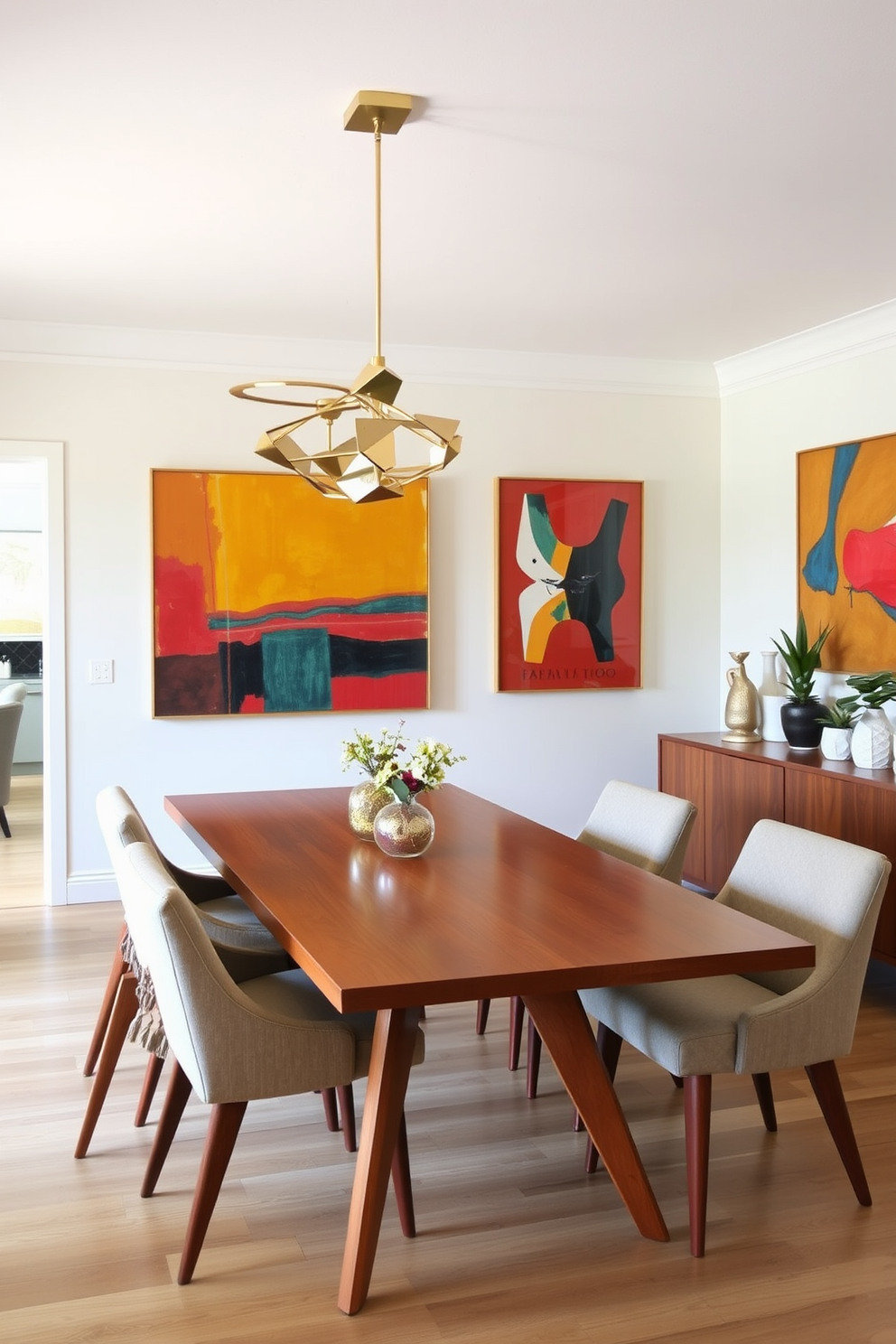 A Mid Century Modern dining room features a sleek wooden dining table surrounded by upholstered chairs with tapered legs. A statement light fixture hangs above the table, showcasing geometric shapes and warm metallic finishes that enhance the room's retro charm. The walls are painted in a soft, neutral tone, providing a backdrop for vibrant artwork that adds personality. A stylish sideboard rests against one wall, adorned with decorative objects and a few potted plants for a touch of greenery.