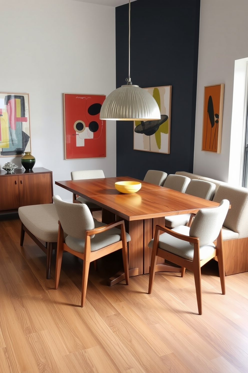 A Mid Century Modern dining room features a sleek wooden dining table surrounded by upholstered chairs with clean lines. A stylish bench is positioned along one side of the table, providing casual seating and enhancing the room's inviting atmosphere. The walls are adorned with abstract art pieces that reflect the vibrant color palette typical of the Mid Century era. A statement pendant light hangs above the table, casting a warm glow over the space and highlighting the rich textures of the wood and fabric.