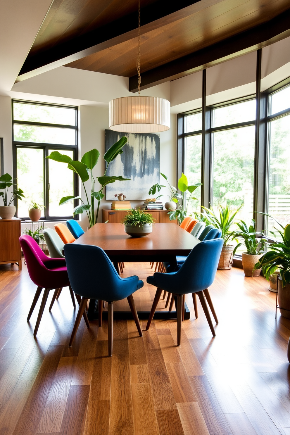 A Mid Century Modern dining room featuring a sleek wooden table surrounded by colorful upholstered chairs. Large windows allow natural light to flood the space, highlighting the rich textures of the room. Add greenery with potted plants placed strategically around the room to bring life and freshness. A statement light fixture hangs above the table, creating a focal point in this stylish and inviting dining area.