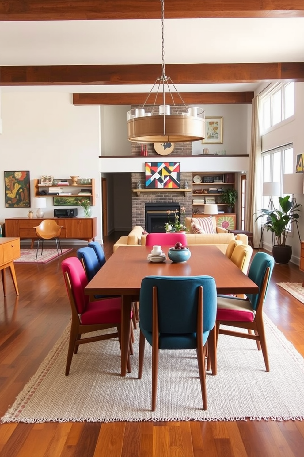 Create an open layout that seamlessly connects the dining area with the living space. Incorporate iconic Mid Century Modern furniture pieces such as a teak dining table surrounded by colorful upholstered chairs. Add a statement light fixture above the table to enhance the ambiance. Use a neutral color palette with pops of vibrant colors in the decor to create a warm and inviting atmosphere.