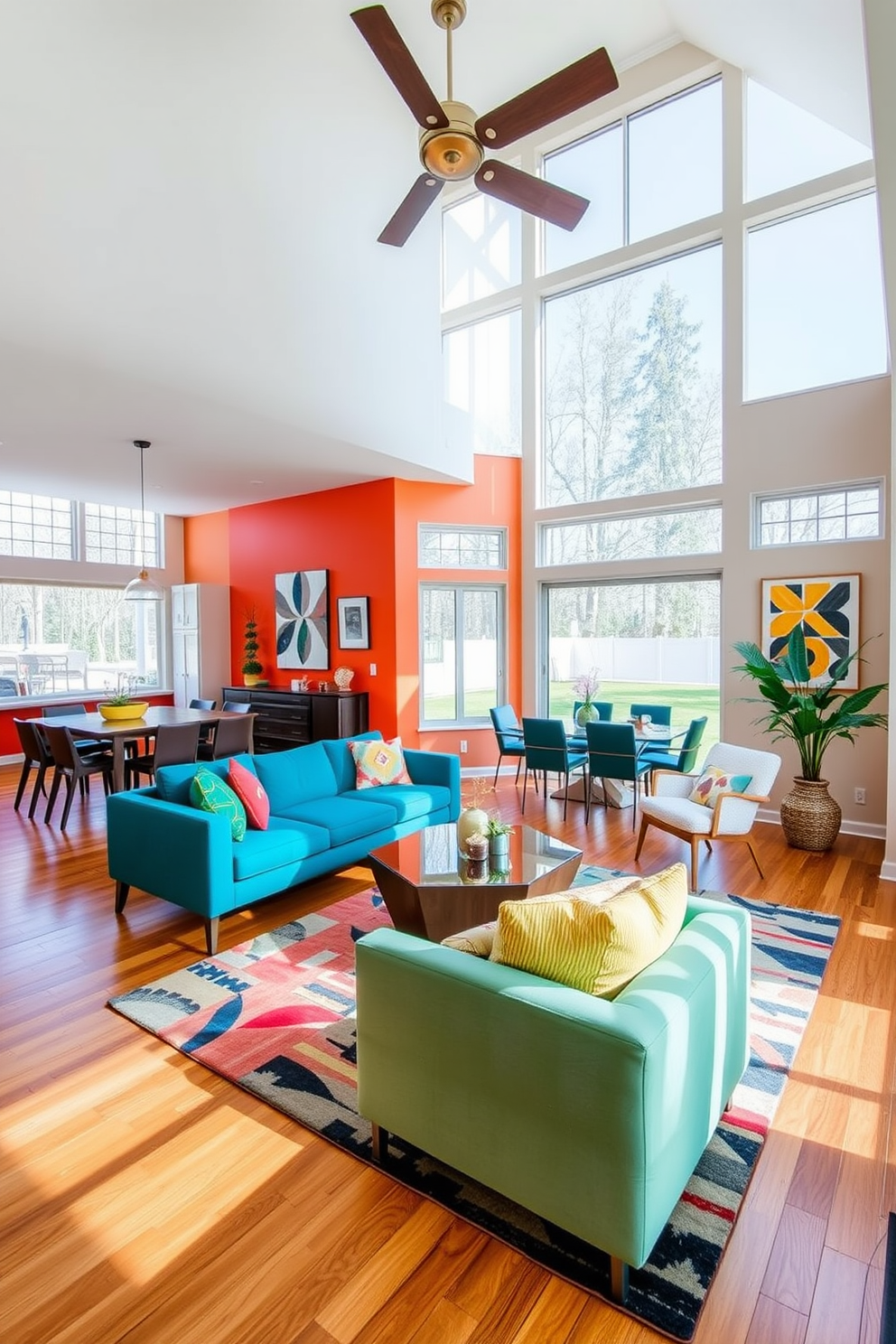 Open concept layout featuring bold colors and Mid-Century Modern design elements. The family room showcases a vibrant orange accent wall paired with a sleek teal sofa and a geometric coffee table. Large windows allow natural light to flood the space, highlighting the rich wooden flooring. Statement art pieces adorn the walls, and a stylish area rug ties the room together with pops of color.