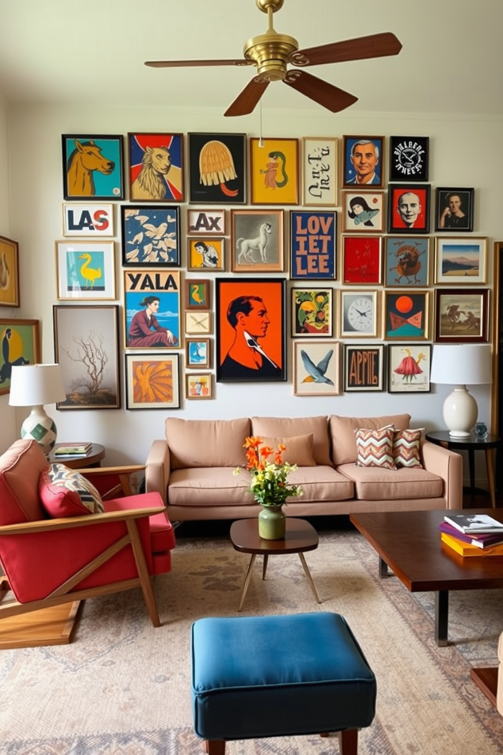 A vibrant family room with a Mid-Century Modern aesthetic. The walls are adorned with eclectic art pieces that create a dynamic gallery wall, showcasing a mix of bold colors and unique styles. The furniture features iconic Mid-Century pieces, including a sleek sofa with tapered legs and a stylish coffee table. Warm wood tones and textured fabrics enhance the inviting atmosphere of the space.