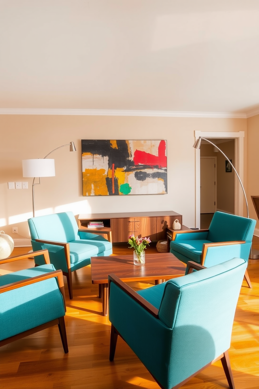 A pair of mid-century modern armchairs upholstered in vibrant teal fabric are positioned around a sleek walnut coffee table. The walls are painted in a soft beige, complementing the warm tones of the wooden flooring and creating a cozy atmosphere. In the background, a large abstract painting with bold colors hangs above a low-profile media console. The lighting is provided by a stylish arc floor lamp, casting a warm glow over the seating area and enhancing the inviting ambiance of the family room.