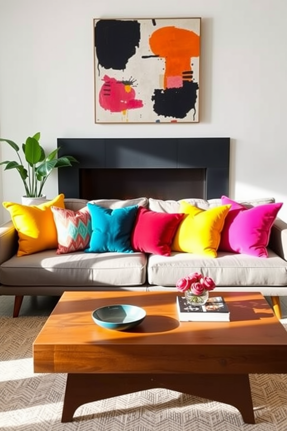 Bright throw pillows in vibrant colors are scattered across a sleek, low-profile sofa in a Mid-Century Modern family room. The room features a wooden coffee table with clean lines, and a large abstract art piece hangs on the wall, complementing the playful accents of the pillows.