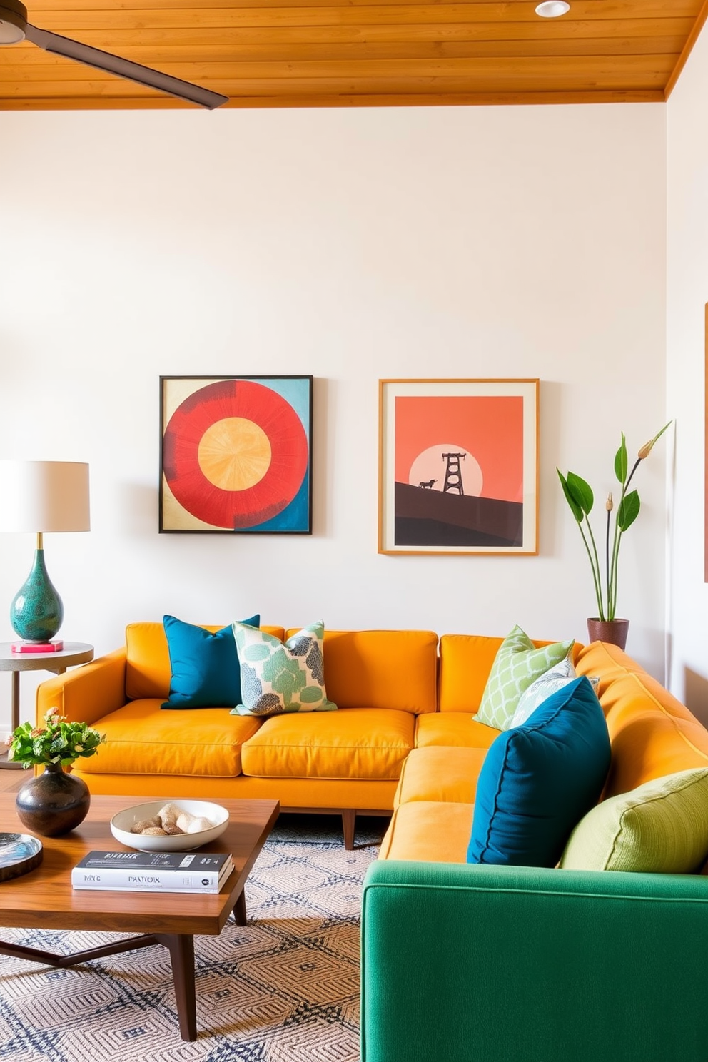 A Mid-Century Modern family room featuring neutral walls adorned with vibrant decor accents. The space includes a sleek sofa in a bold color, complemented by geometric patterned throw pillows and a stylish coffee table.