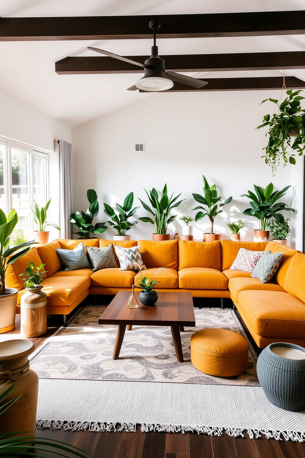 A Mid-Century Modern family room featuring a large sectional sofa in a warm mustard color. The room is adorned with various indoor plants placed in stylish ceramic pots, creating a fresh and inviting atmosphere. The walls are painted in a soft white hue, enhancing the natural light that floods the space. A wooden coffee table sits in the center, surrounded by a mix of textured throw pillows and a cozy area rug.