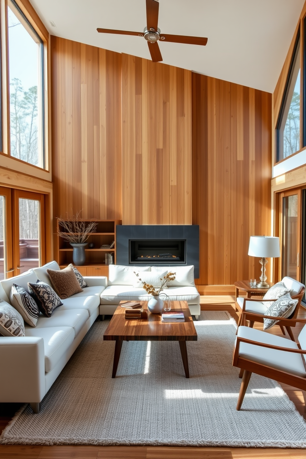 Natural wood tones create a warm and inviting atmosphere in the family room. The space features a sleek white sectional sofa, complemented by a wooden coffee table and accent chairs that showcase Mid-Century Modern design elements. Large windows allow natural light to flood the room, enhancing the earthy tones of the wood. Decorative throw pillows and a soft area rug in neutral colors add comfort and style to the space.