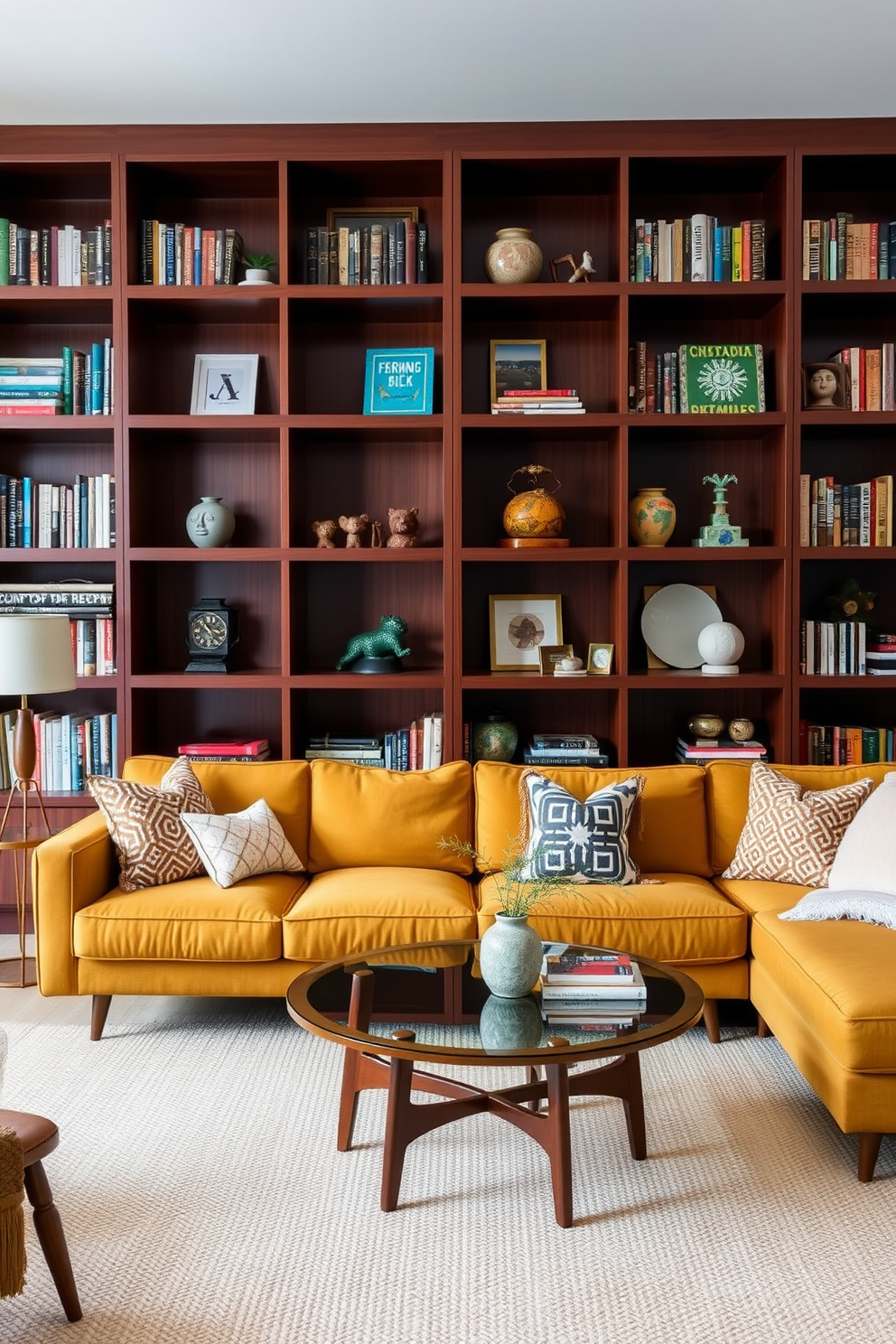 A Mid-Century Modern family room featuring open shelving for books and decor. The shelves are made of rich walnut wood and are filled with a curated selection of colorful books and unique decorative pieces. A cozy sectional sofa in a warm mustard hue is positioned in front of the shelves. A round coffee table with a glass top and wooden legs sits in the center, complemented by a textured area rug in neutral tones.