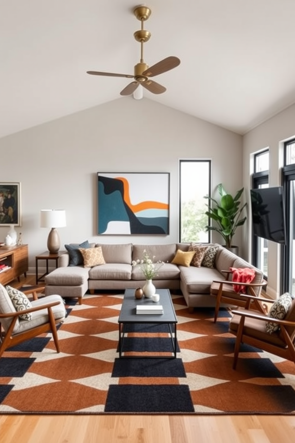 A Mid-Century Modern family room features bold artwork as a focal point on the main wall. The room is adorned with a sleek sectional sofa in a muted tone, complemented by a geometric area rug that ties the space together. Large windows allow natural light to flood the room, highlighting the warm wood tones of the furniture. A minimalist coffee table sits in the center, surrounded by stylish accent chairs that enhance the eclectic yet cohesive design.