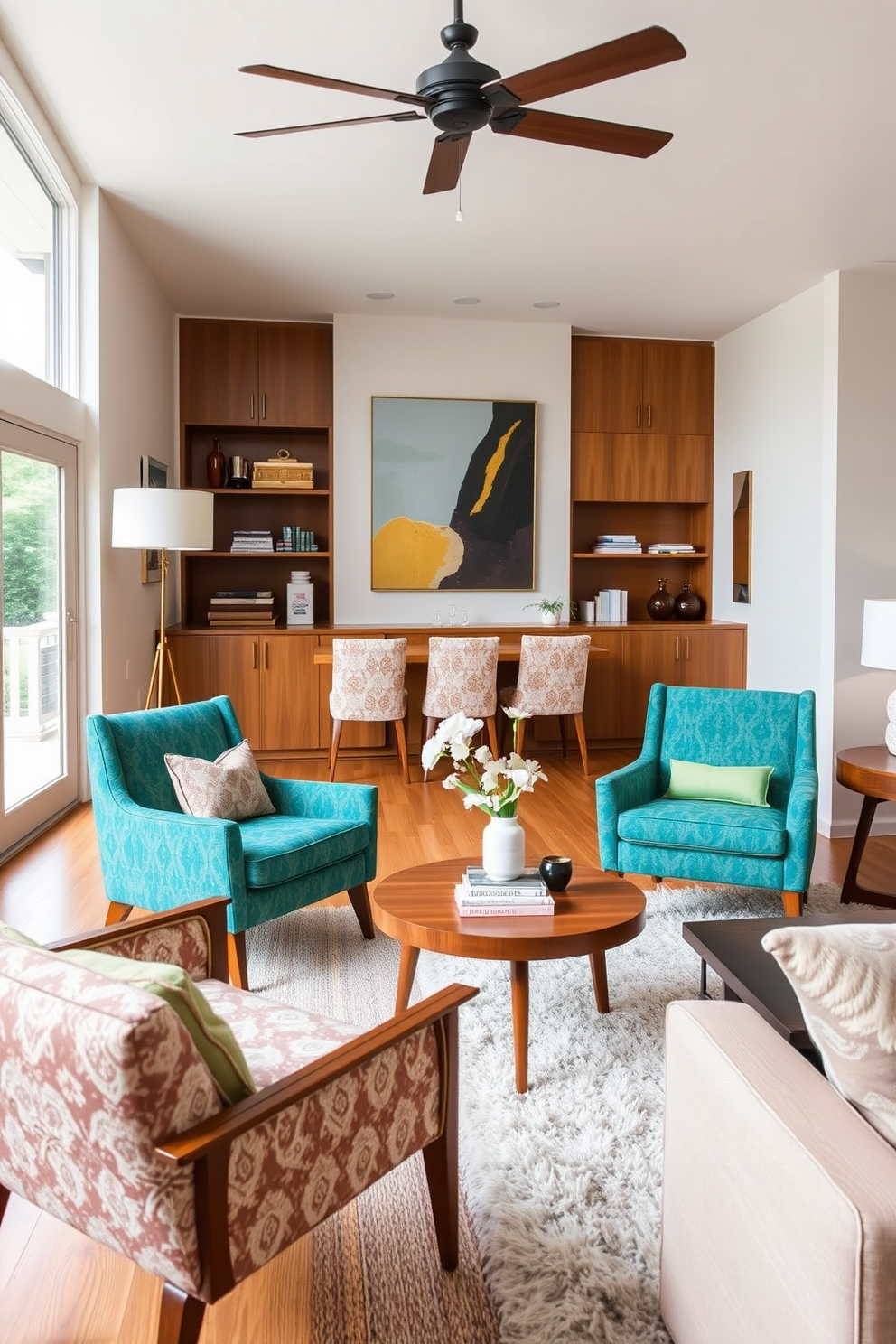 A Mid-Century Modern family room features accent chairs upholstered in bold fabrics that add a vibrant touch to the space. The room is designed with clean lines and a mix of natural wood tones, complemented by a stylish coffee table and a plush area rug.