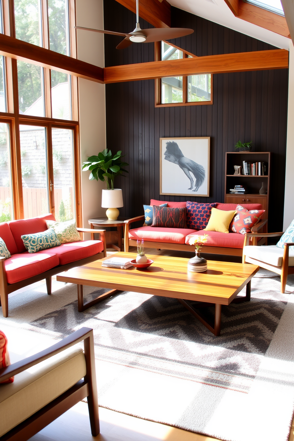 A Mid-Century Modern family room featuring sleek teak furniture complemented by vibrant colorful accents. The room includes a stylish teak coffee table surrounded by a mix of bold patterned cushions on a comfortable sofa. Large windows allow natural light to flood the space, highlighting the warm tones of the teak. A geometric area rug anchors the seating area, adding texture and depth to the design.