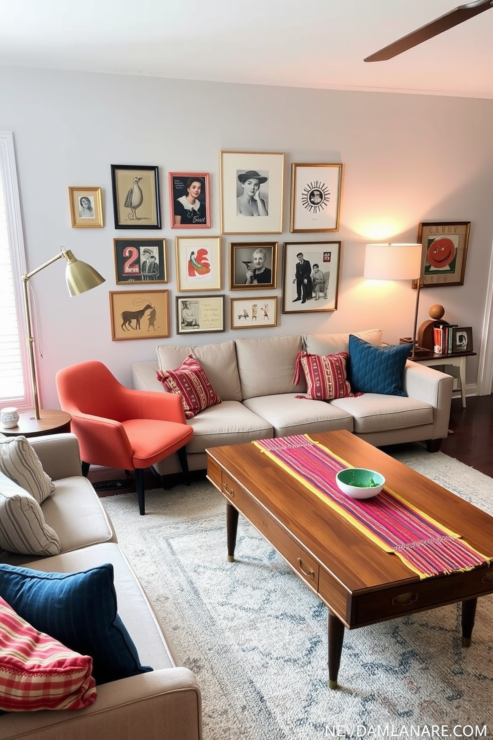 A stylish family room that blends vintage charm with contemporary elements. The space features a plush sectional sofa in a neutral tone paired with a vintage wooden coffee table adorned with a colorful woven table runner. On one side, a Mid-Century Modern armchair adds a pop of color, while a sleek floor lamp provides warm lighting. The walls are painted in a soft gray, and a gallery wall showcases a mix of vintage artwork and modern prints.