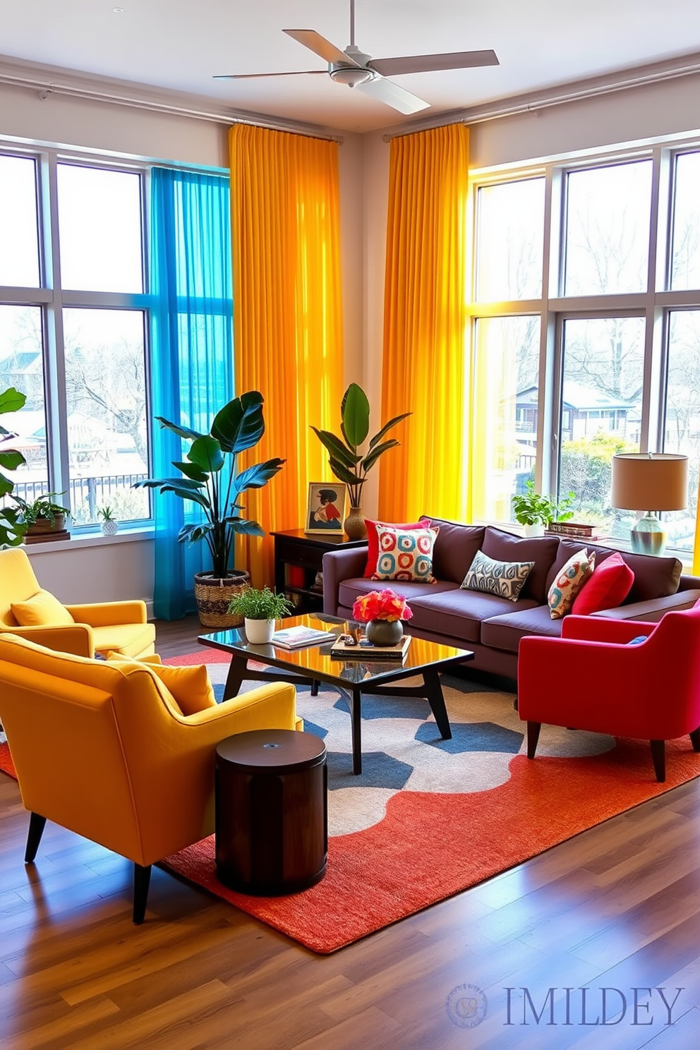 A bright and inviting family room features large windows adorned with colorful curtains that add a playful touch to the space. The furniture is arranged for comfort and conversation, showcasing Mid-Century Modern pieces with clean lines and vibrant upholstery. The room is anchored by a stylish coffee table, surrounded by a cozy sectional sofa and accent chairs in bold colors. A statement rug ties the area together, while artful decor and plants bring life to the room's atmosphere.