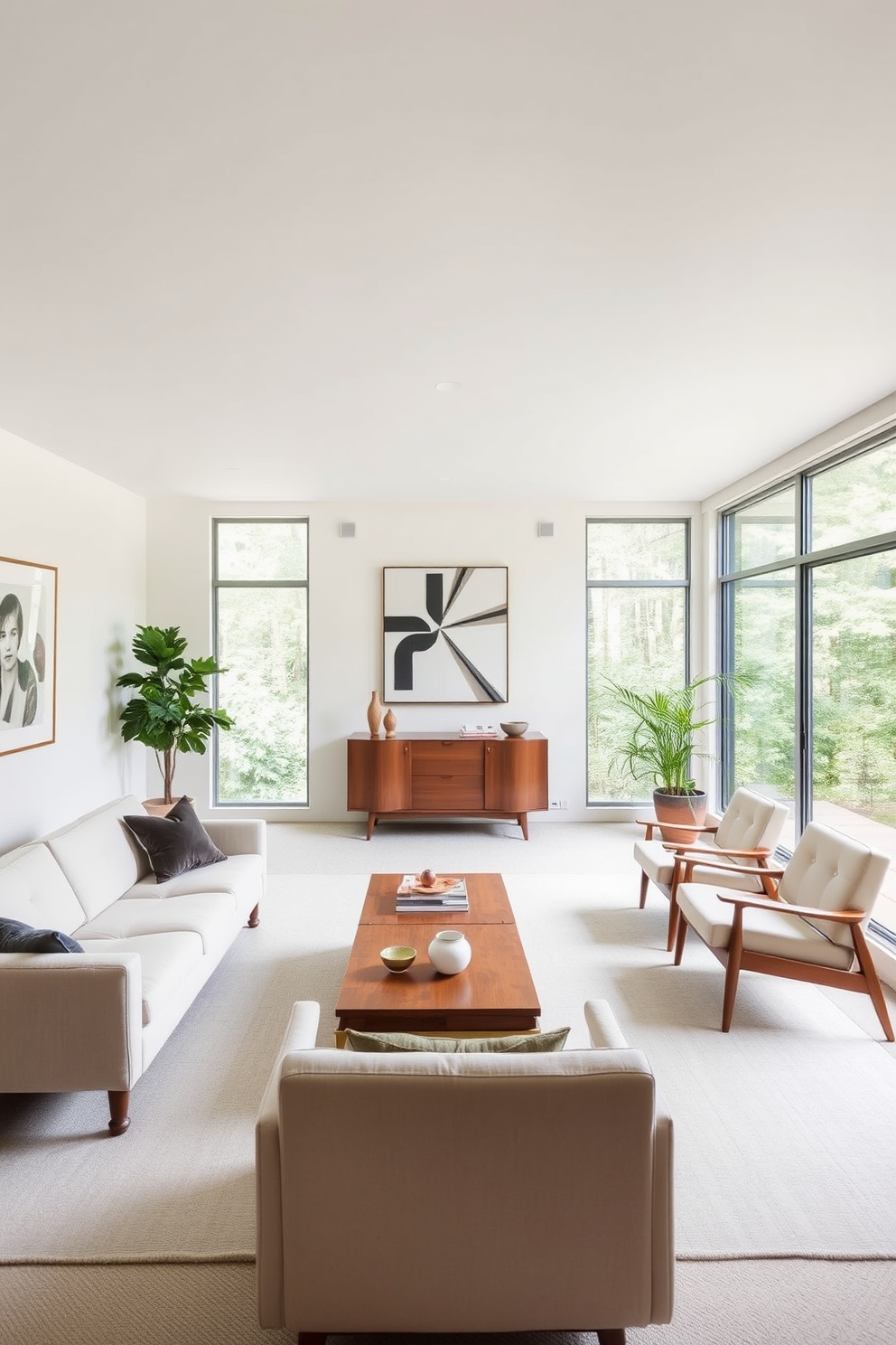 A minimalist family room featuring a neutral color palette. The space includes a low-profile sofa with clean lines, a simple coffee table, and a single statement piece of wall art. Mid-Century Modern design elements are incorporated with a vintage wooden sideboard and iconic armchairs. Large windows allow natural light to flood the room, highlighting the warm tones of the wooden furniture.