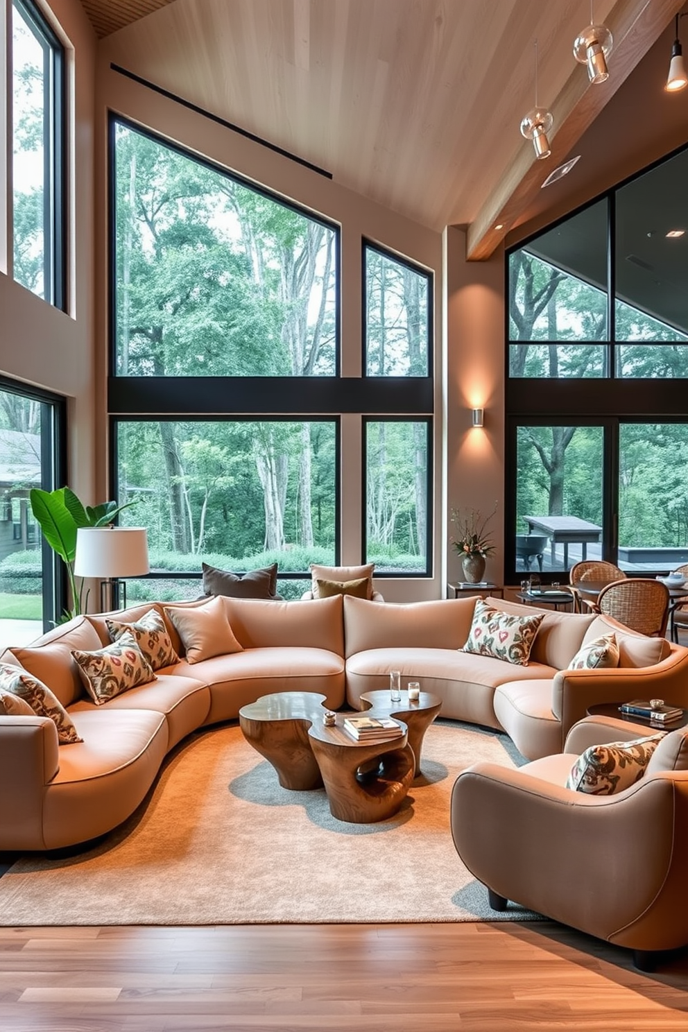 A cozy family room featuring furniture with organic shapes that promote relaxation and flow. The color palette includes warm earth tones and soft textures, creating an inviting atmosphere. The centerpiece is a large sectional sofa with rounded edges, complemented by a sculptural coffee table made from natural wood. Large windows allow ample natural light to fill the space, enhancing the warm ambiance.