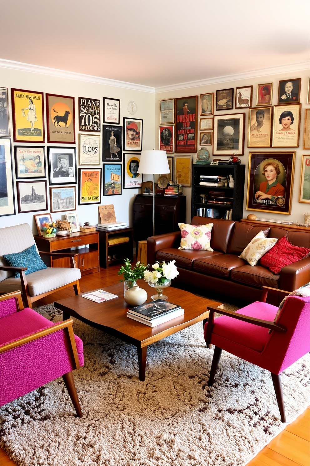 A Mid-Century Modern family room filled with vintage finds and treasures. The space features a sleek wooden coffee table surrounded by a mix of colorful upholstered chairs and a classic leather sofa. On the walls, a gallery of framed vintage posters adds character and charm. A retro floor lamp stands in the corner, casting a warm glow over a plush area rug that anchors the seating arrangement.