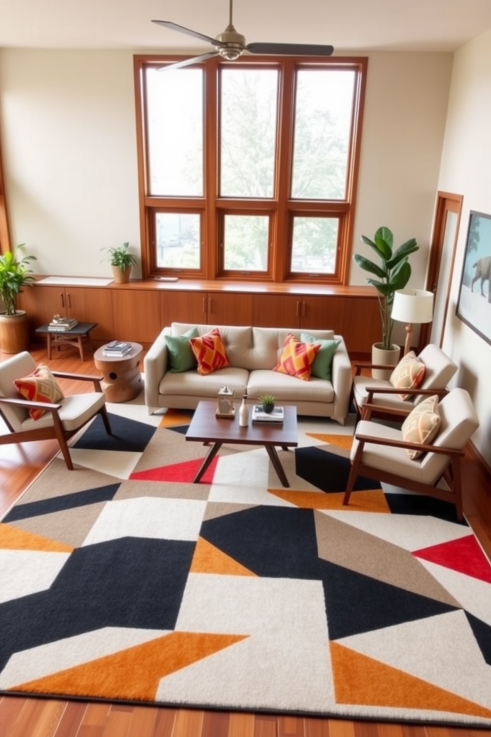 A stylish family room designed in a Mid-Century Modern style features a large geometric patterned area rug that anchors the space. The rug's bold shapes and colors complement the sleek lines of the furniture, including a low-profile sofa and iconic accent chairs. Natural light floods the room through expansive windows, enhancing the warm wooden tones of the flooring and furniture. A minimalist coffee table sits at the center, surrounded by vibrant throw pillows that echo the rug's geometric design.