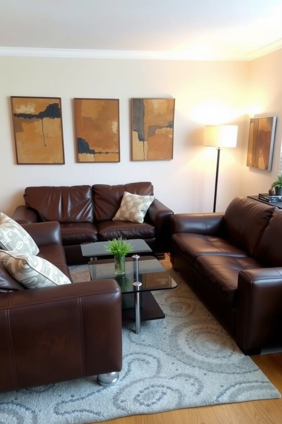 A cozy family room featuring vintage leather sofas with modern lines. The sofas are arranged around a sleek glass coffee table, creating an inviting space for relaxation and conversation. The walls are adorned with abstract art pieces in warm tones, complementing the rich brown of the leather. A stylish area rug anchors the seating area, while a mid-century modern floor lamp provides soft lighting in the corner.