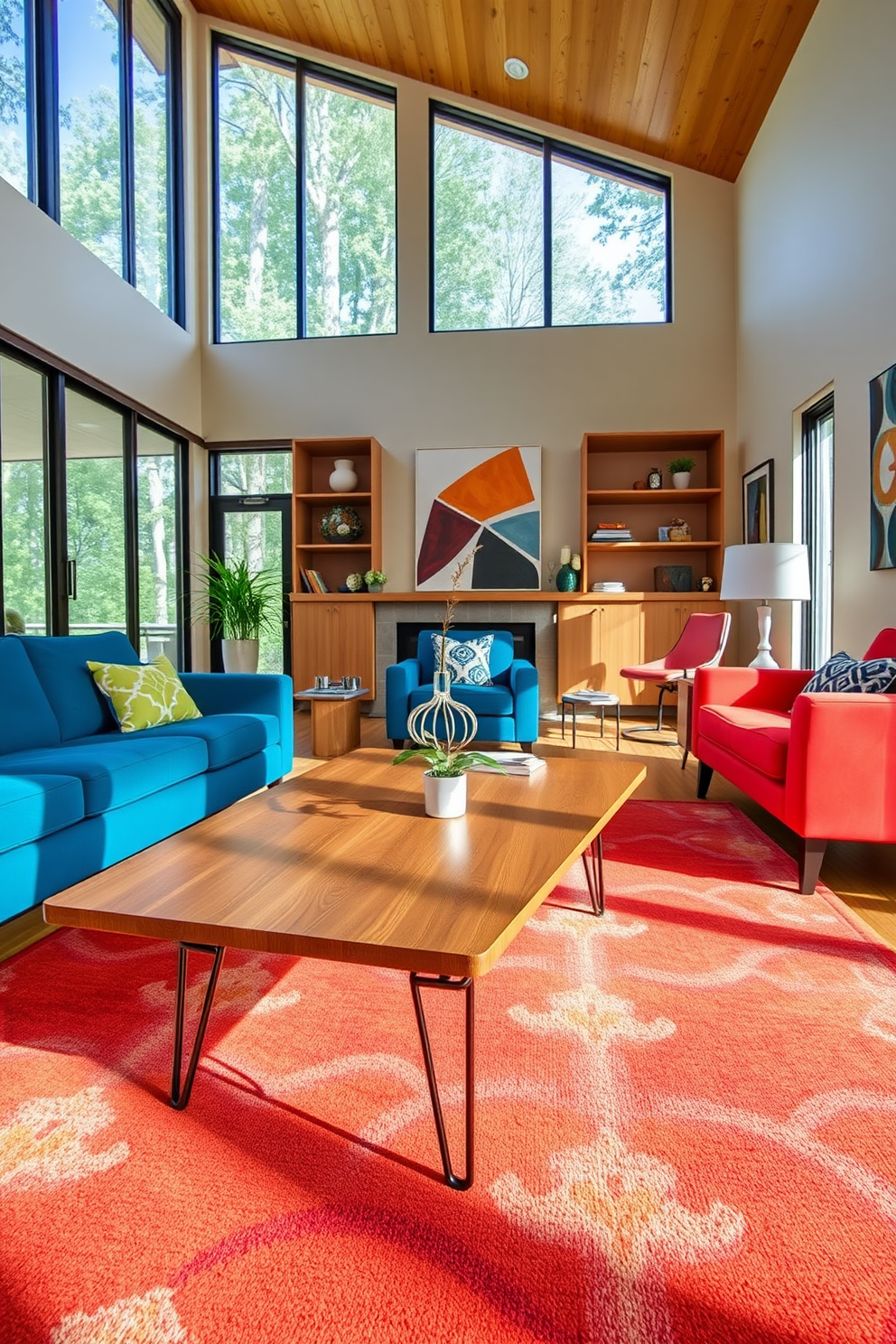 A sleek coffee table with metal legs sits at the center of a Mid-Century Modern family room. The table features a minimalist design, complementing the warm wood tones of the surrounding furniture and the vibrant area rug beneath. The family room is adorned with retro-inspired sofas and armchairs, showcasing bold colors and geometric patterns. Large windows allow natural light to flood the space, enhancing the inviting atmosphere and highlighting the stylish decor.