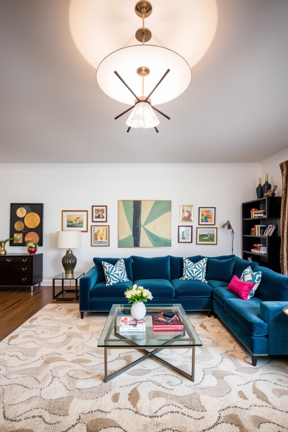 A stylish family room featuring statement lighting with retro flair. The space includes a plush sectional sofa in a vibrant hue, complemented by geometric patterned throw pillows and a sleek coffee table with a glass top. On the ceiling, a bold pendant light with an artistic design creates an eye-catching focal point. The walls are adorned with a mix of vintage artwork and modern decor, enhancing the Mid-Century Modern aesthetic.