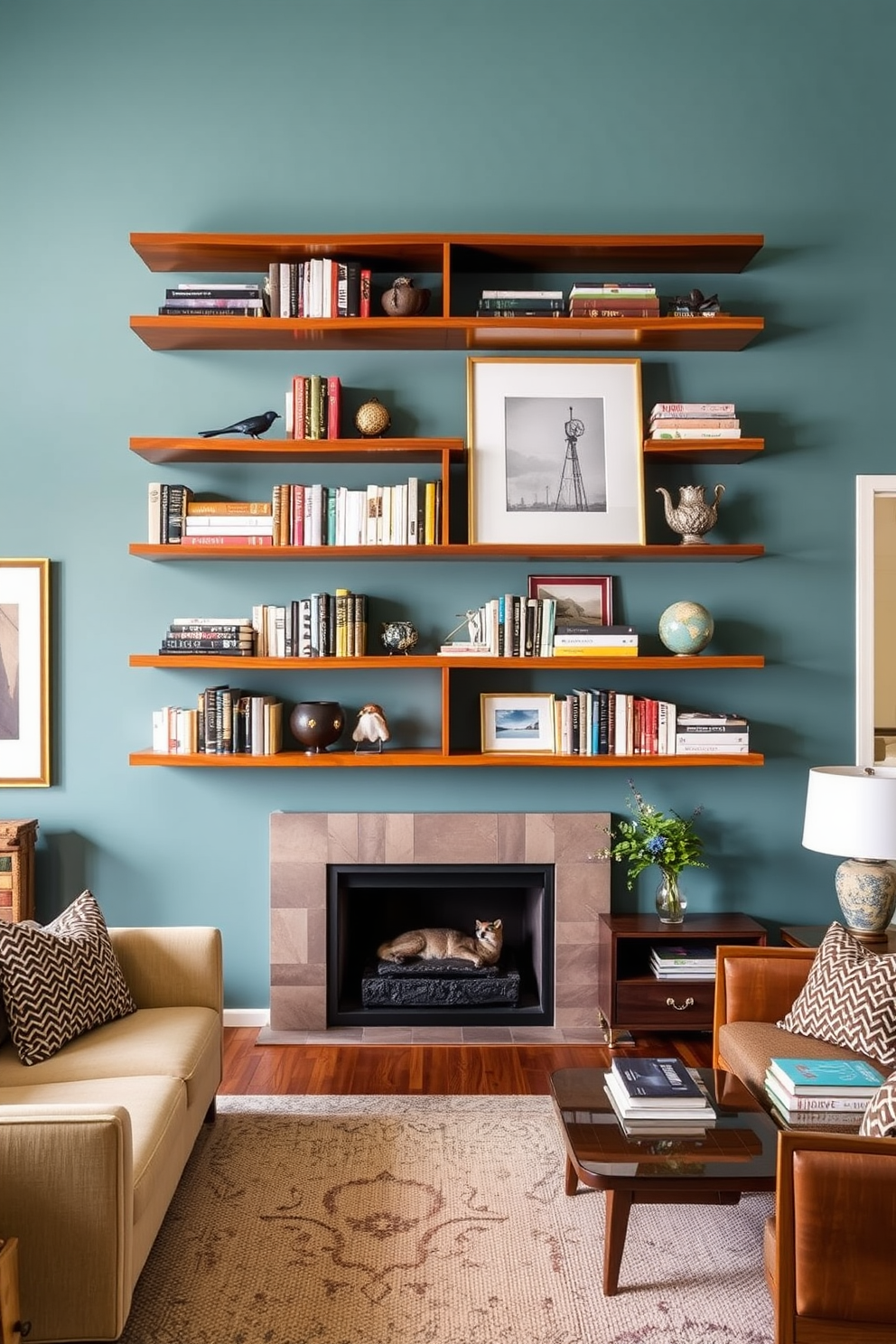 A Mid-Century Modern family room features wall-mounted shelves that elegantly display a curated collection of books and decorative objects. The shelves are crafted from warm wood, complementing the room's rich color palette and enhancing the overall aesthetic.