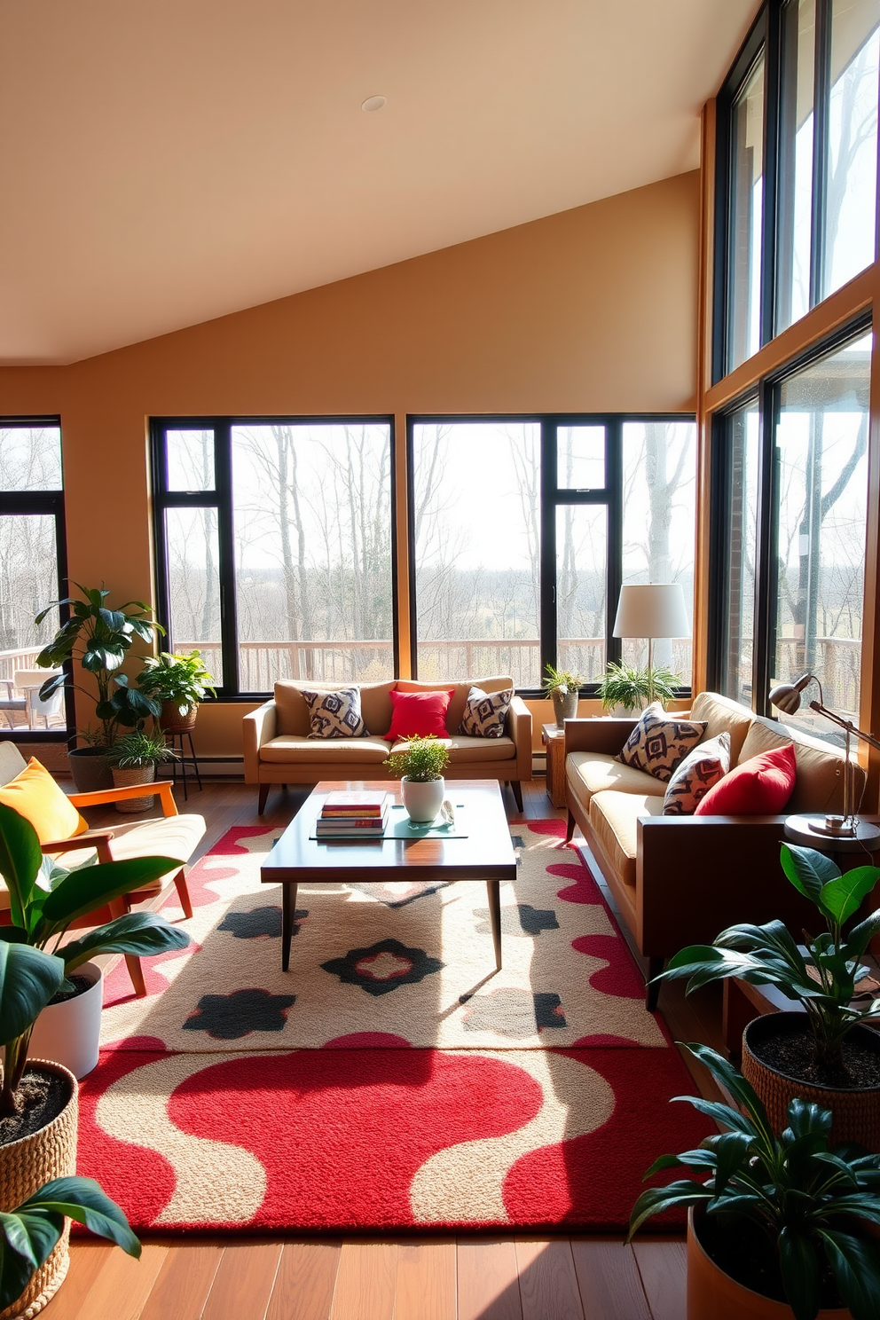 A spacious family room filled with natural light streaming through large floor-to-ceiling windows. The design features iconic Mid-Century Modern furniture, including a sleek sofa and a stylish coffee table, accented by vibrant throw pillows. The walls are painted in a warm neutral tone, complementing the rich wood tones of the furniture. A retro-inspired rug anchors the seating area, while a collection of indoor plants adds a touch of greenery and life to the space.