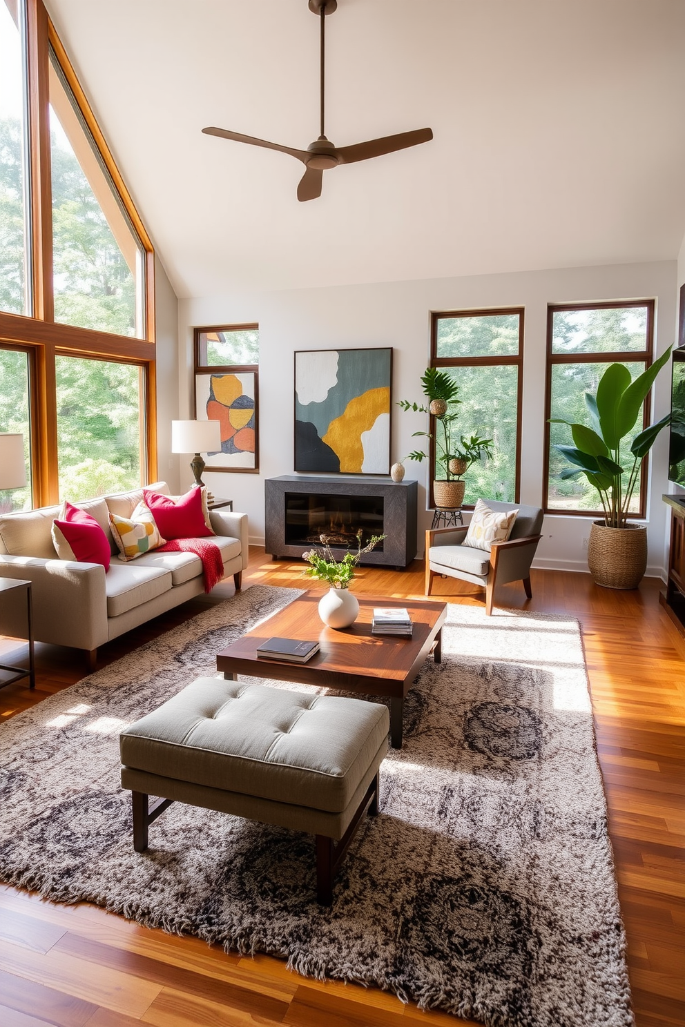 A Mid-Century Modern family room features a combination of layered textures with rich textiles and warm wood elements. The space includes a plush area rug that contrasts with sleek wooden flooring and a sectional sofa adorned with vibrant throw pillows. A statement coffee table made of walnut sits in the center, surrounded by accent chairs upholstered in a soft fabric. Large windows allow natural light to flood the room, highlighting the unique art pieces and greenery that enhance the inviting atmosphere.